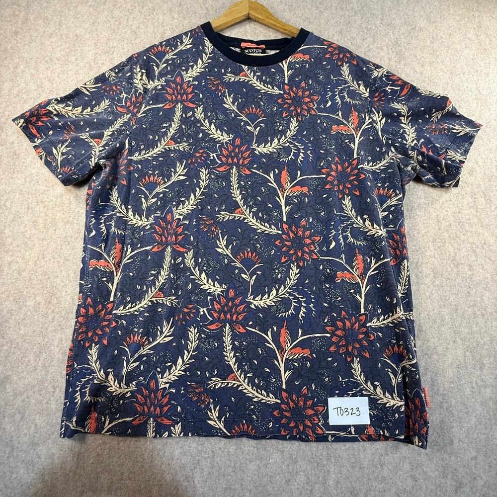 Scotch & Soda‎ Mens XXL Floral Botanical Print Crewneck T-Shirt Navy Blue Red